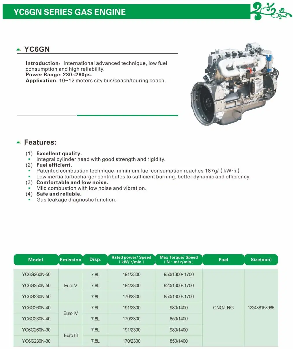 High Quality 6 Cylinder Yuchai YC6GN Euro 5 Emission Classic Gas Engine with Good Power Performance, Good Economy, High Reliability, Low Vibration & Noise